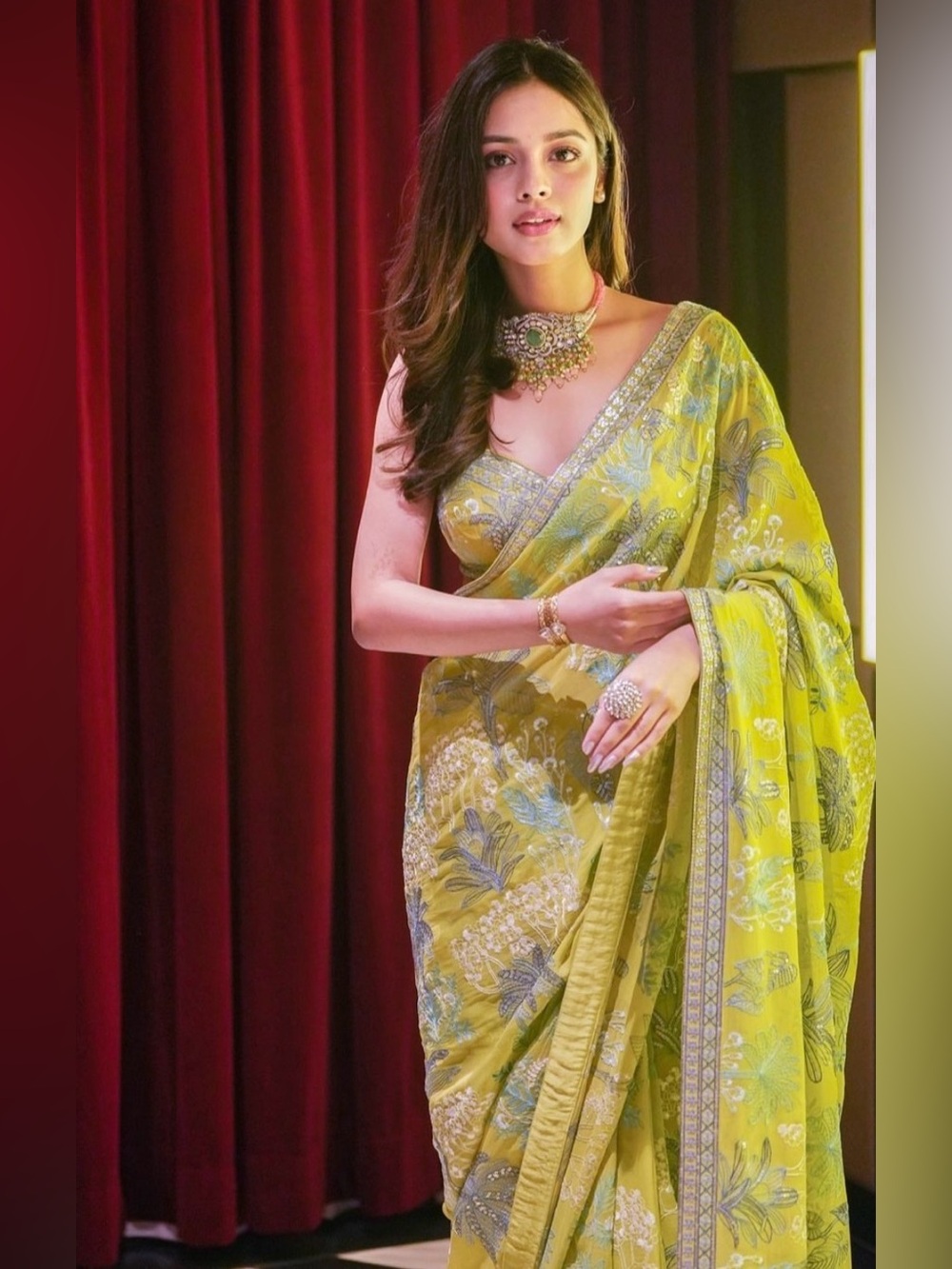 Lime Green Floral Print Saree with Silver Accents Anita Dongre NWT